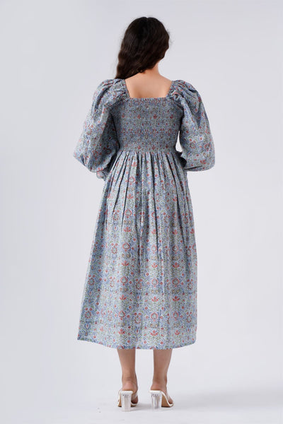 Fabricrush Airforce Blue Fit And Flare Squire Neck Women Dress With Pocket, Indian Hand Block Printed Cotton Dress for Summers, Wedding Dress, Comfort Wear, Maxi Dress, Daily Wear