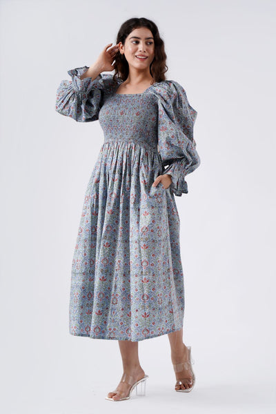 Fabricrush Airforce Blue Fit And Flare Squire Neck Women Dress With Pocket, Indian Hand Block Printed Cotton Dress for Summers, Wedding Dress, Comfort Wear, Maxi Dress, Daily Wear