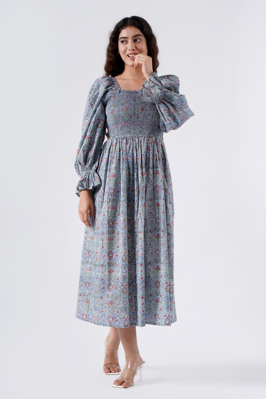 Fabricrush Airforce Blue Fit And Flare Squire Neck Women Dress With Pocket, Indian Hand Block Printed Cotton Dress for Summers, Wedding Dress, Comfort Wear, Maxi Dress, Daily Wear