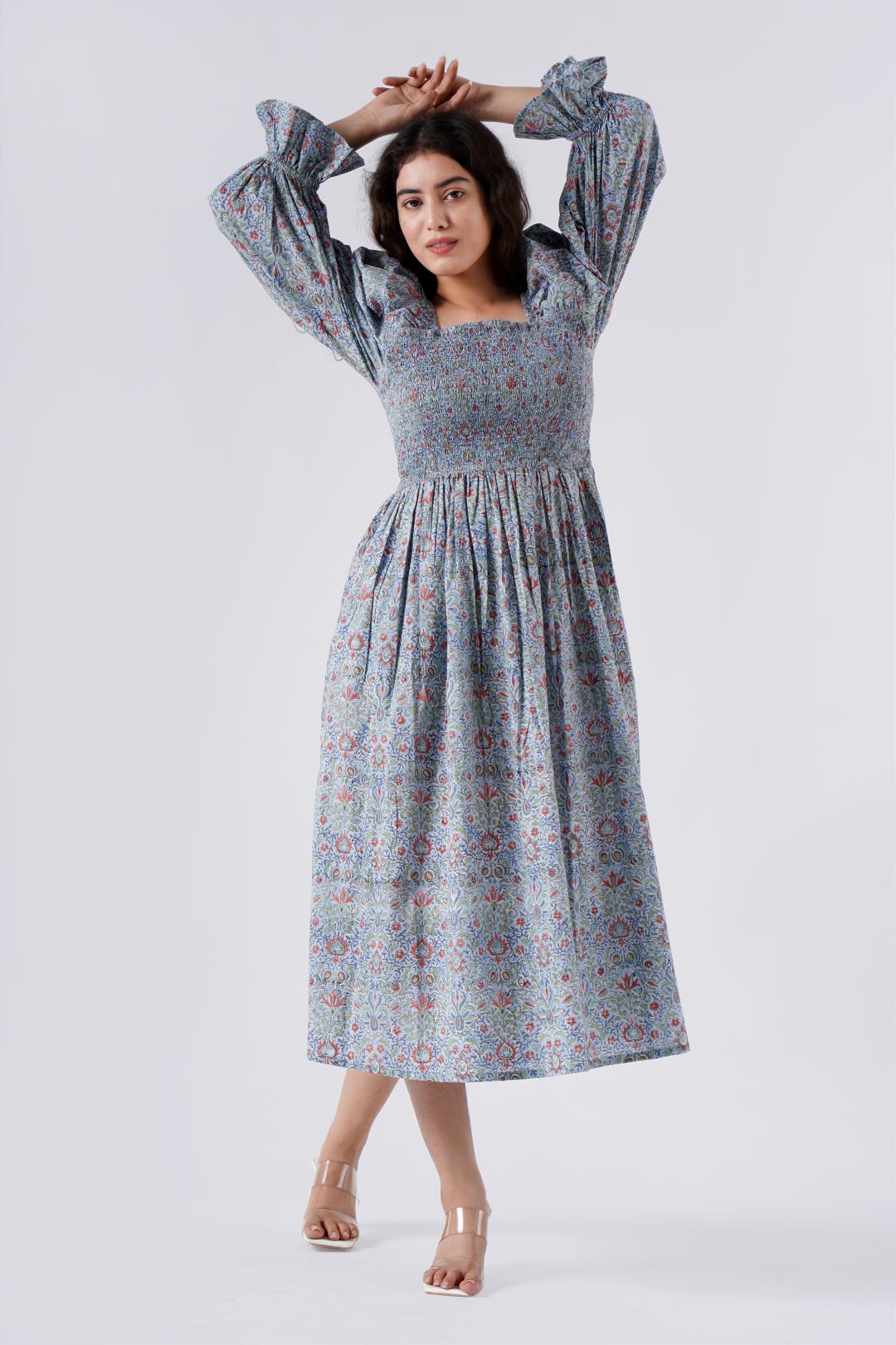 Fabricrush Airforce Blue Fit And Flare Squire Neck Women Dress With Pocket, Indian Hand Block Printed Cotton Dress for Summers, Wedding Dress, Comfort Wear, Maxi Dress, Daily Wear