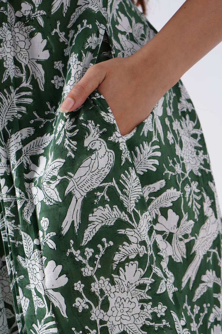 Fabricrush Rifle Green and White Indian Hand Block Printed Cotton Summer Dress with pockets, Wedding Dress, Comfort Wear, Midi Dress, Daily Wear, Gift for her, gifts, Christmas