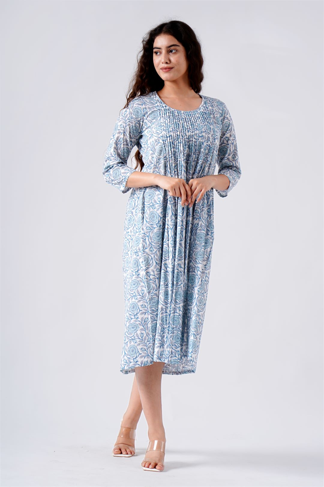 Fabricrush Dusty Blue, Long Kurti With Pockets, Indian Bridesmaids dress, Gift for her, Gift for Mom, Pleated Top with Lace, Summer Dress, India Block Print Top