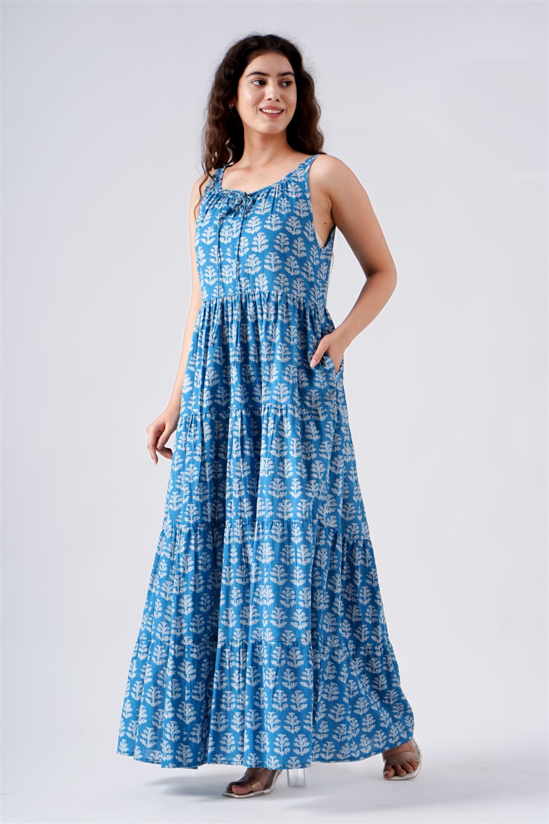 Fabricrush Teal Blue Indian Hand Block Printed Cotton Dress for Summers, Wedding Dress, Comfort Wear, Maxi Dress, Daily Wear, Gift for her, gifts