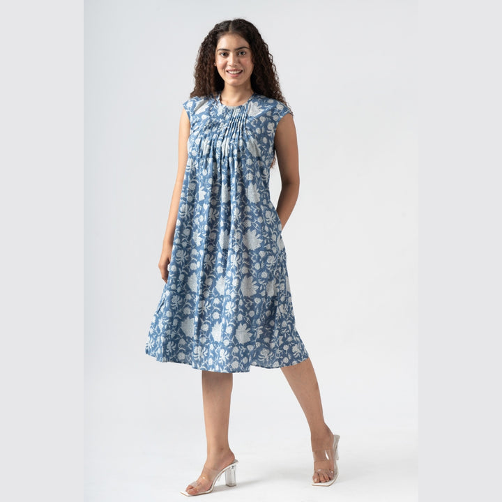 Malia Cotton Summer Dress with Pockets, Knee-Length Pleated Dress with Cap Sleeves
