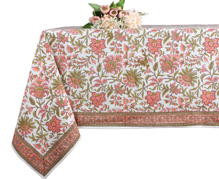 New York Pink and Olive Green Indian Floral Hand Block Printed Cotton Tablecloth