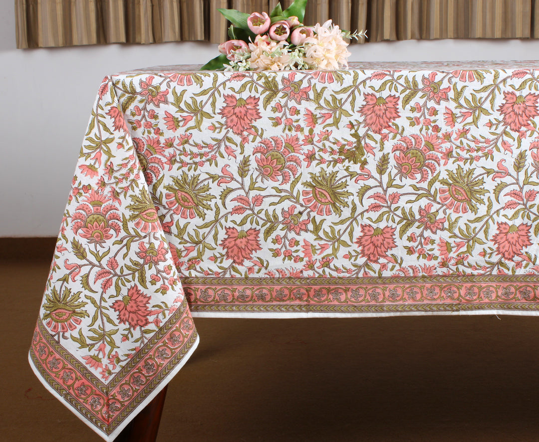 New York Pink and Olive Green Indian Floral Hand Block Printed Cotton Tablecloth