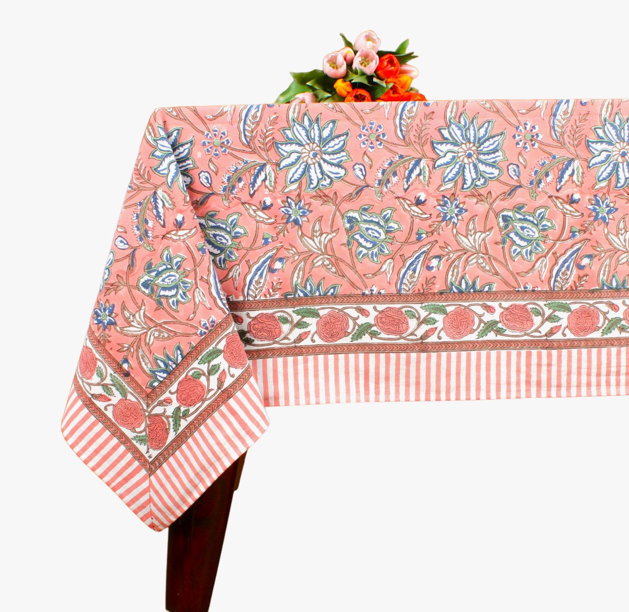 Fabricrush Peach and Berry Blue Rectangle 100% Cotton Hand Block Print Tablecloth Washable Tablecloth