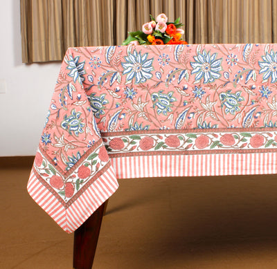 Fabricrush Peach and Berry Blue Rectangle 100% Cotton Hand Block Print Tablecloth Washable Tablecloth