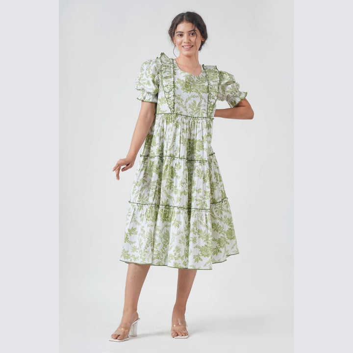 Sophia Dress in Emerald Green Print with Puff Sleeves & Pockets