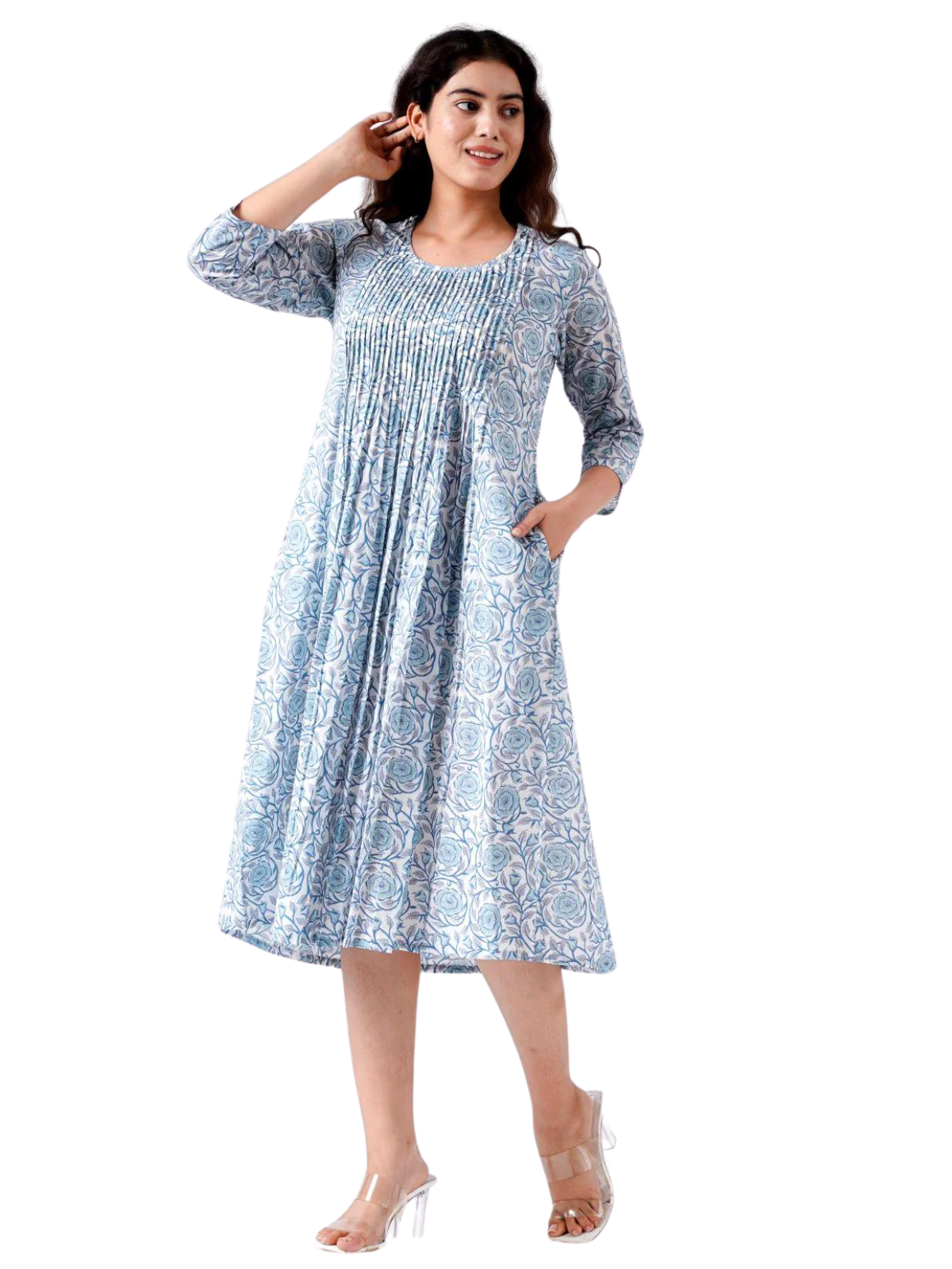 Fabricrush Dusty Blue, Long Kurti With Pockets, Indian Bridesmaids dress, Gift for her, Gift for Mom, Pleated Top with Lace, Summer Dress, India Block Print Top