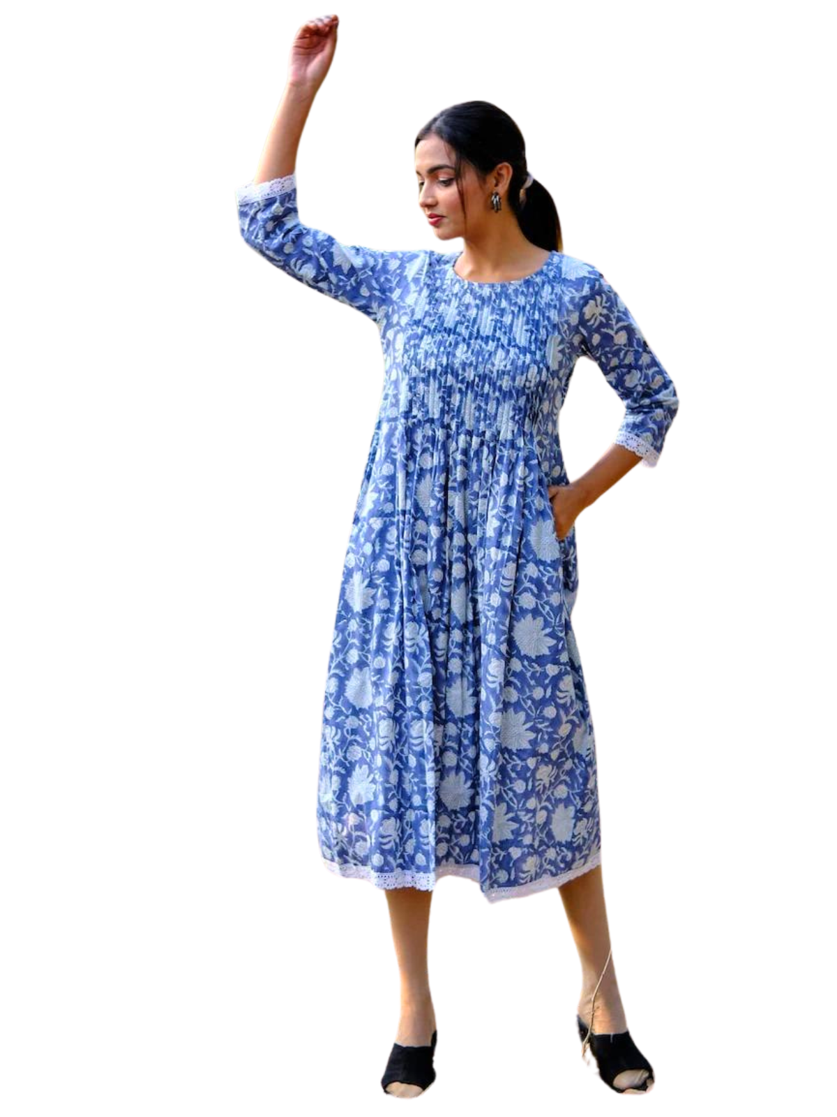 Fabricrush Long Kurti With Pockets, Indian Bridesmaids dress, Gift for her, Gift for Mom, Pleated Top with Lace, Summer Dress, India Block Print Top