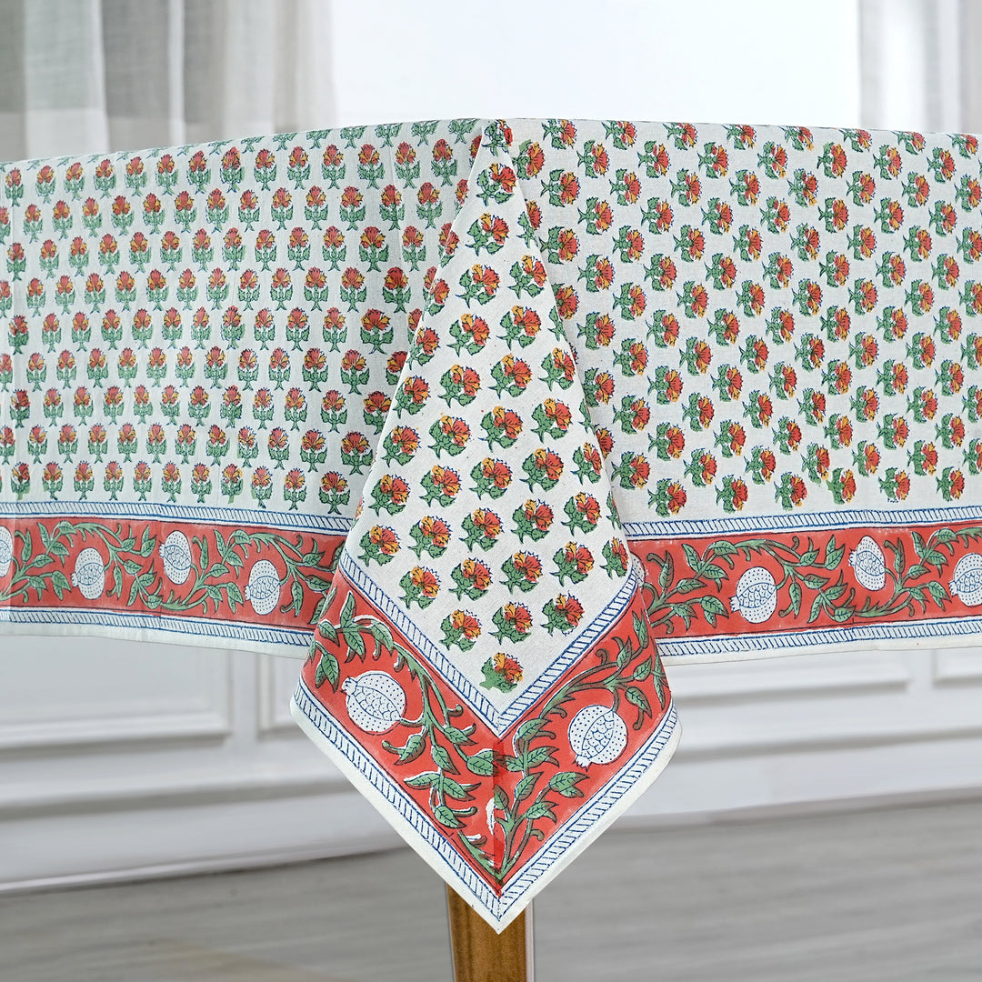 Fabricrush Mecca Orange and Green Hand Block Printed Cotton Tablecloth, Dining Table Cover for Farmhouse Party Wedding Home Housewarming Baby Shower, Gift for her, gifts, Valentine's day, Spring, Easter