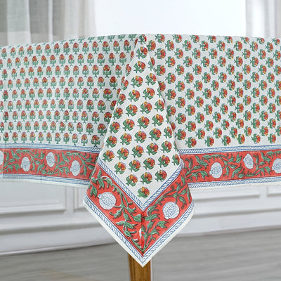 Fabricrush Mecca Orange and Green Hand Block Printed Cotton Tablecloth, Dining Table Cover for Farmhouse Party Wedding Home Housewarming Baby Shower, Gift for her, gifts, Halloween, Christmas, Thanksgiving