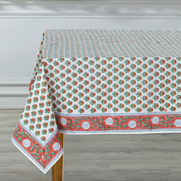 Fabricrush Mecca Orange and Green Hand Block Printed Cotton Tablecloth, Dining Table Cover for Farmhouse Party Wedding Home Housewarming Baby Shower, Gift for her, gifts, Valentine's day, Spring, Easter