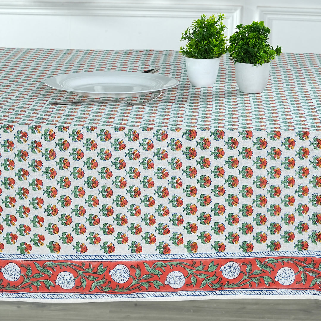 Hand block printed Mecca Orange and Green tablelcoth - The Fabricrush - Image 2