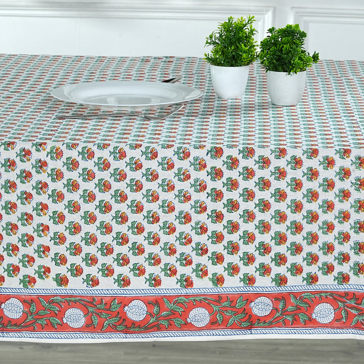 Fabricrush Mecca Orange and Green Hand Block Printed Cotton Tablecloth, Dining Table Cover for Farmhouse Party Wedding Home Housewarming Baby Shower, Gift for her, gifts, Valentine's day, Spring, Easter