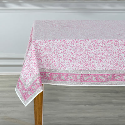 Fabricrush Tablecloth, Rose Pink Indian Hand Block Floral Printed Cotton Table Cover, Table Top, French Tablecloth, Home and Living, Kitchen and Dining