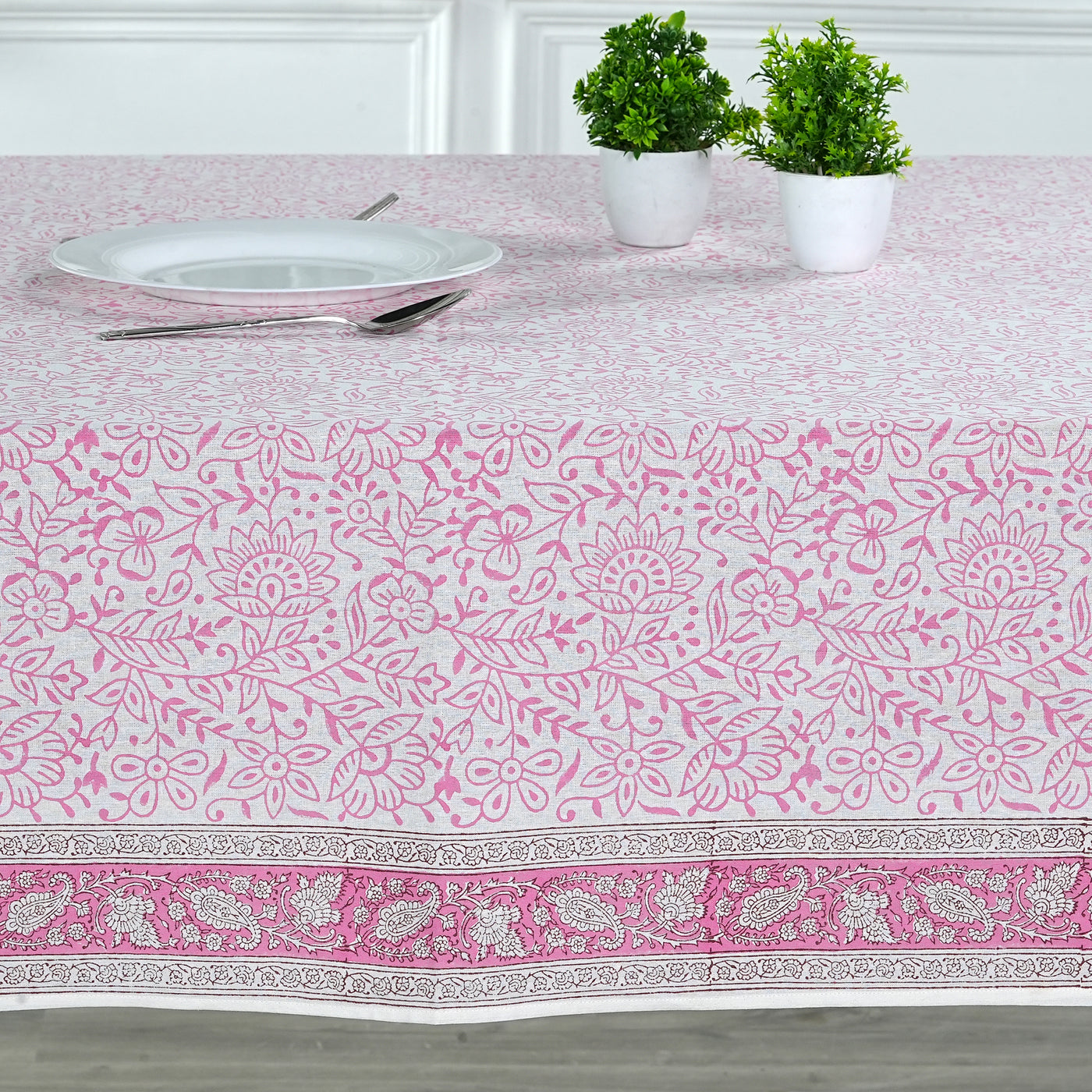 Fabricrush Tablecloth, Rose Pink Indian Hand Block Floral Printed Cotton Table Cover, Table Top, French Tablecloth, Home and Living, Kitchen and Dining