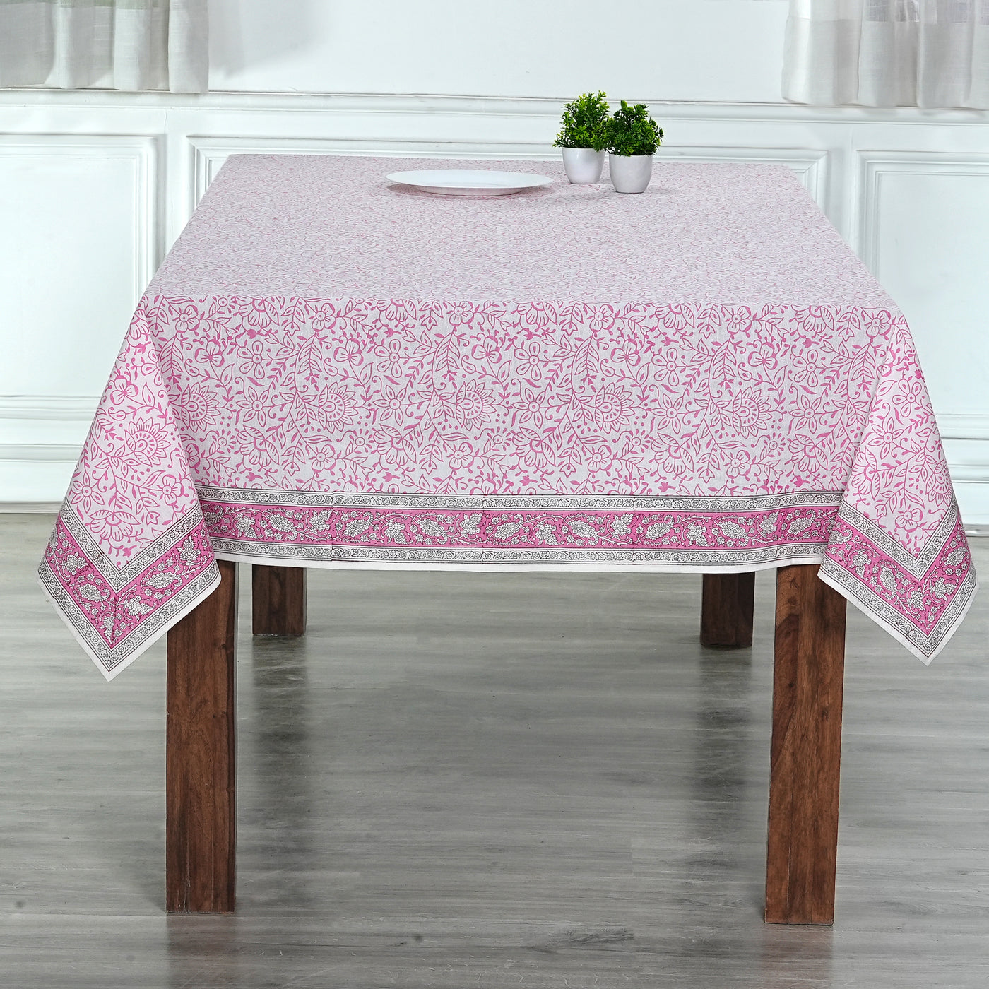 Fabricrush Tablecloth, Rose Pink Indian Hand Block Floral Printed Cotton Table Cover, Table Top, French Tablecloth, Home and Living, Kitchen and Dining