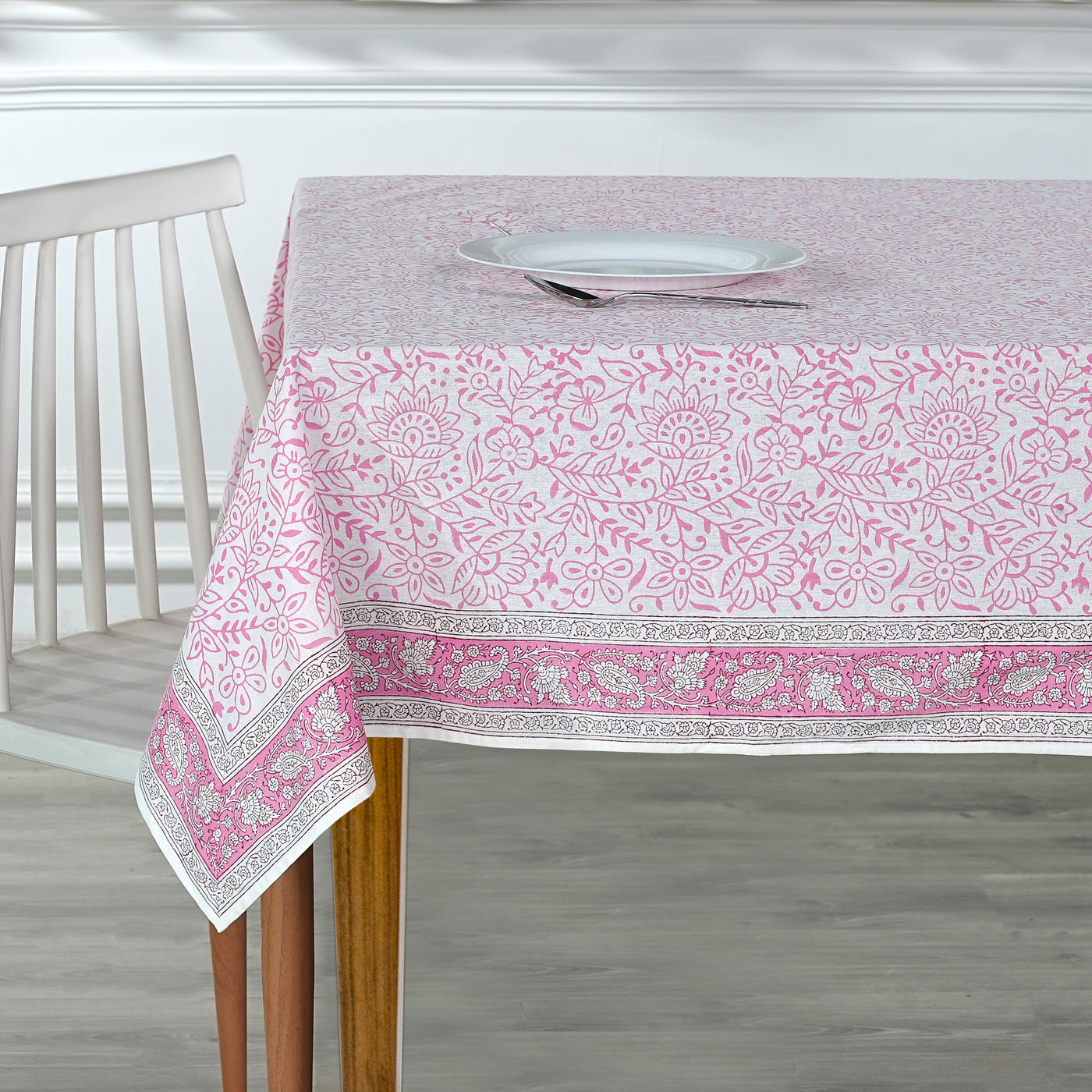 Fabricrush Tablecloth, Rose Pink Indian Hand Block Floral Printed Cotton Table Cover, Table Top, French Tablecloth, Home and Living, Kitchen and Dining