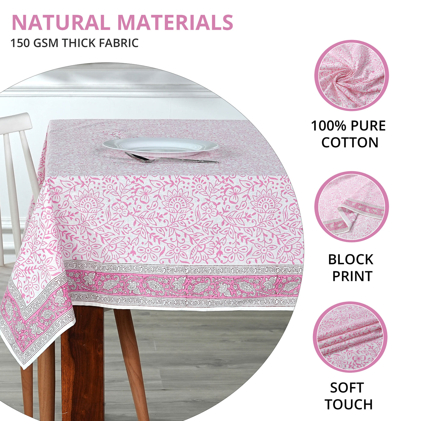 Fabricrush Tablecloth, Rose Pink Indian Hand Block Floral Printed Cotton Table Cover, Table Top, French Tablecloth, Home and Living, Kitchen and Dining