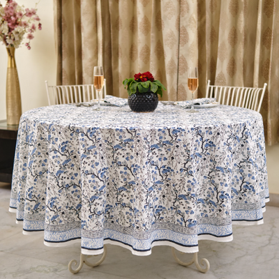 Fabricrush -Spruce Carolina Blue Cotton Tablecloth, Handblock Print Floral Table Cloth for Kitchen Dining Linen I Thanksgiving, Christmas, Wedding, Fall Décor 8 Seater 110 Inch Round