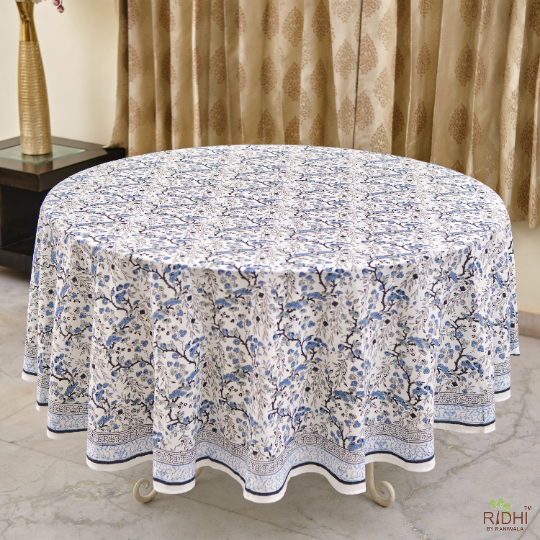 Fabricrush -Spruce Carolina Blue Cotton Tablecloth, Handblock Print Floral Table Cloth for Kitchen Dining Linen I Thanksgiving, Christmas, Wedding, Fall Décor 8 Seater 110 Inch Round