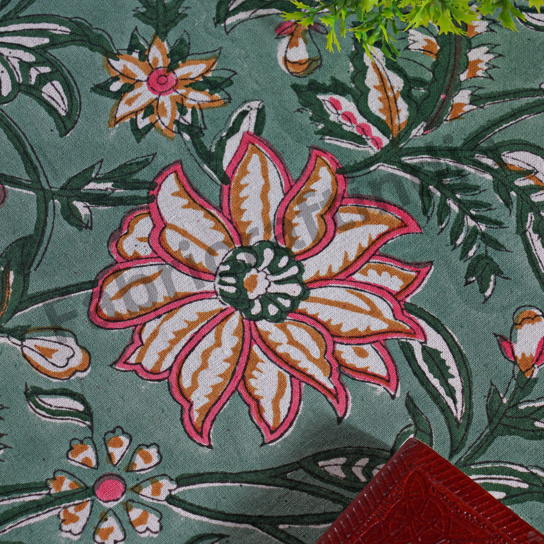 Hunter Green Indian Floral Hand-Block Printed Cotton Round Tablecloth