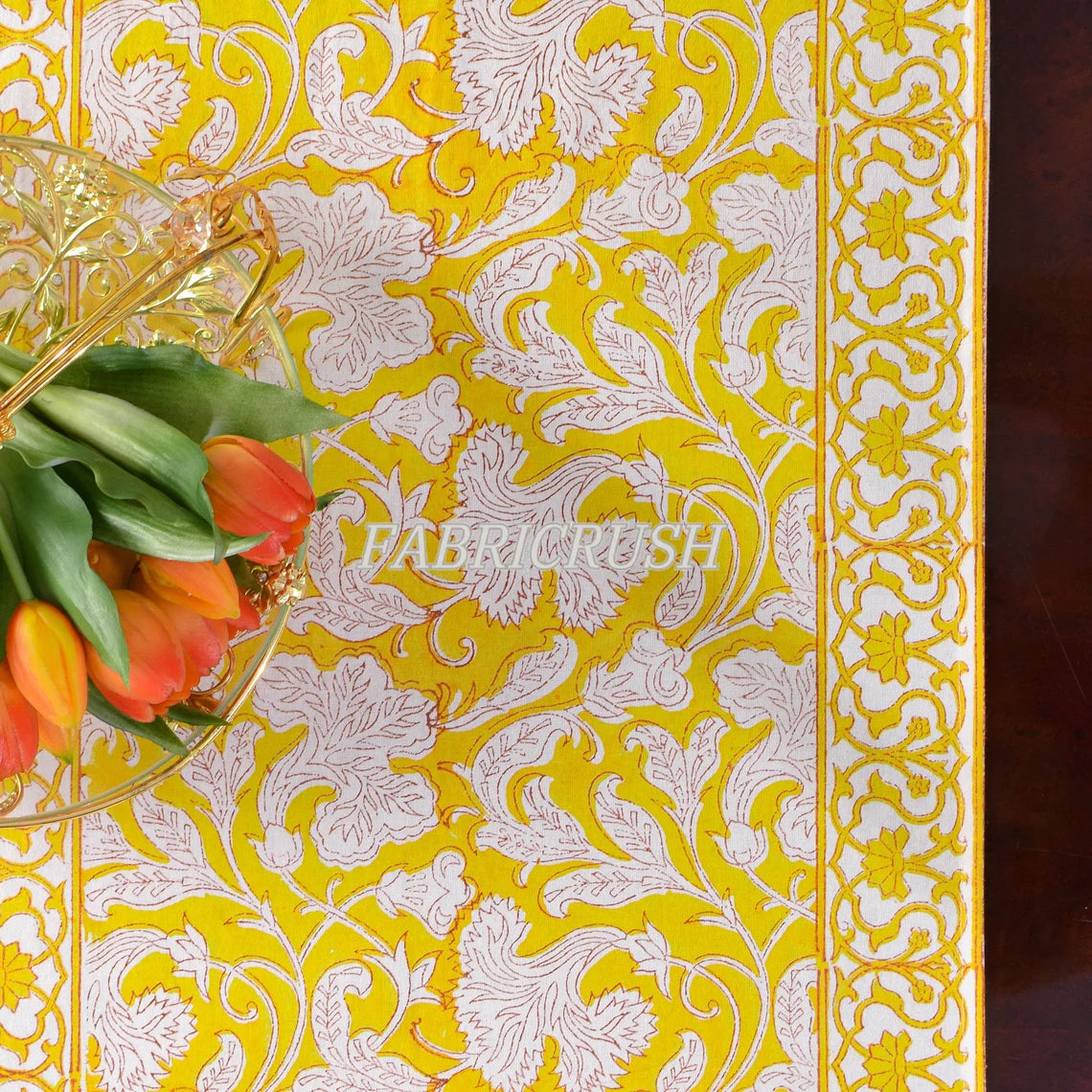 Fabricrush Saffron Yellow and Off White Indian Floral Printed Cotton Cloth Table Runners Border Design, Wedding Events Home Decor Party Console Office