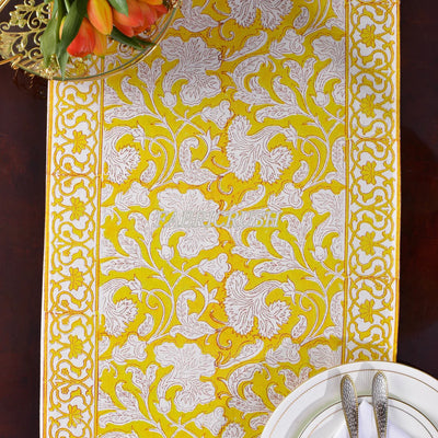 Fabricrush Saffron Yellow and Off White Indian Floral Printed Cotton Cloth Table Runners Border Design, Wedding Events Home Decor Party Console Office