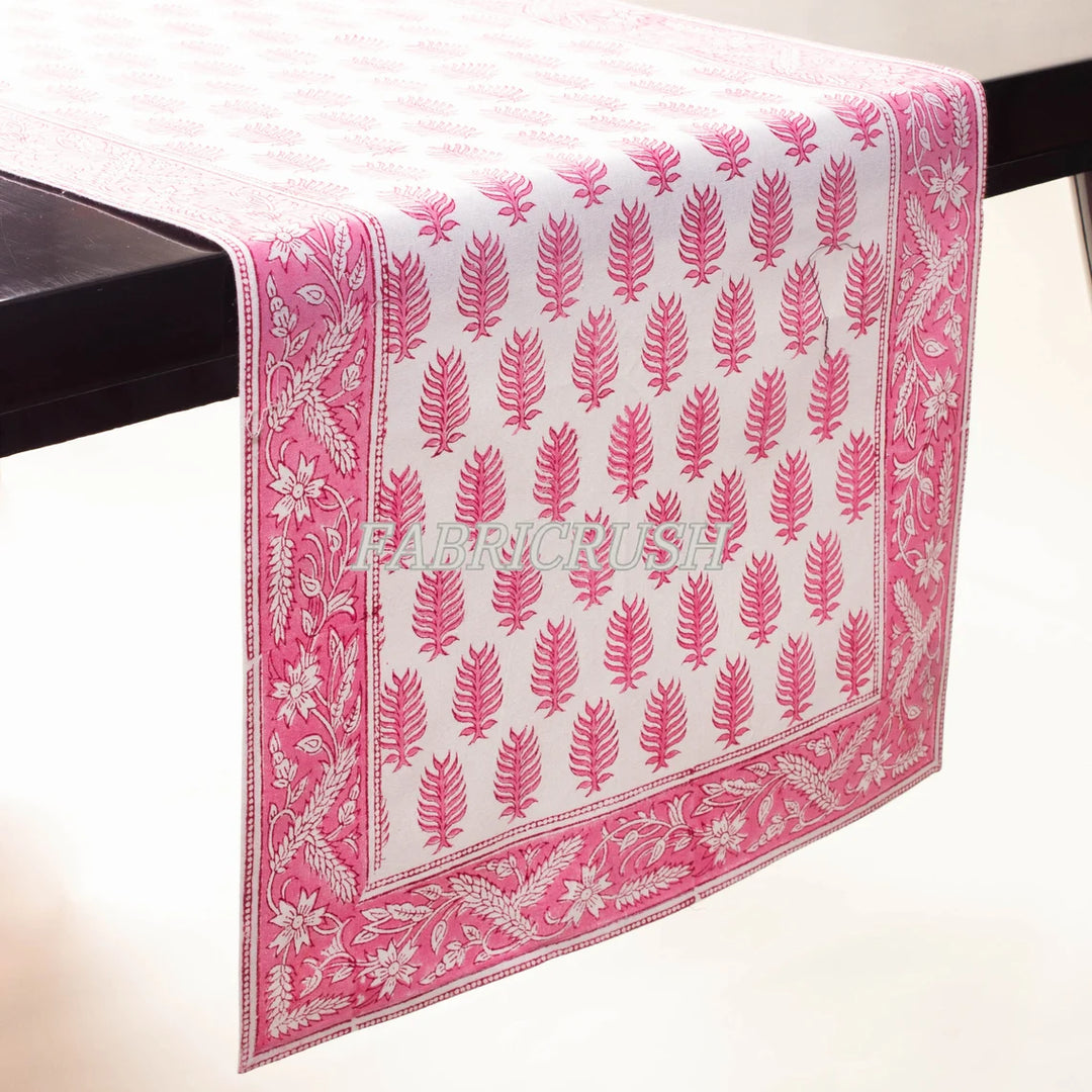 Fabricrush Taffy Pink Leaves Print Indian Hand Block Floral Printed Cotton Cloth Table Runner Wedding Events Home Decor Farmhouse Console Birthday Gift