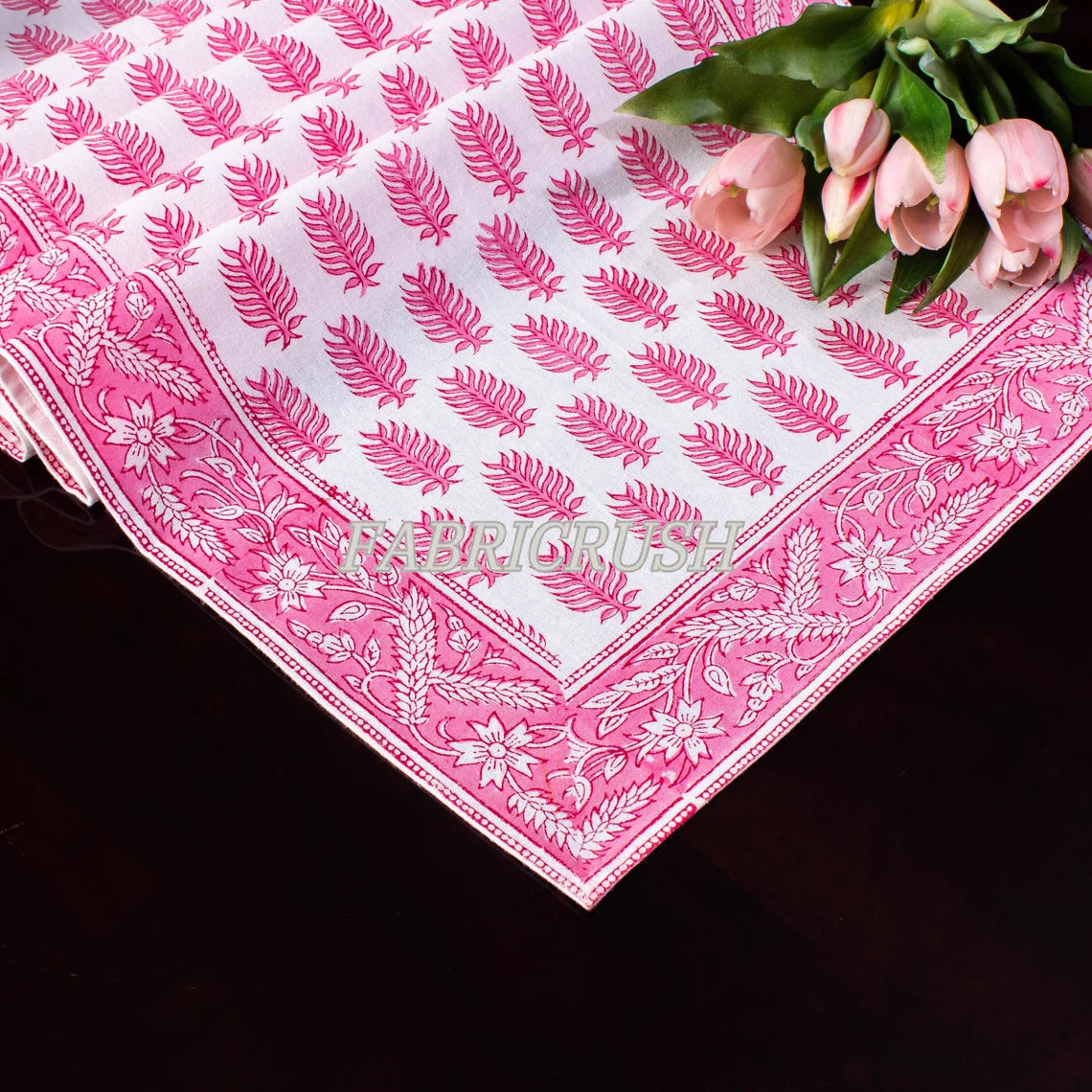 Fabricrush Taffy Pink Leaves Print Indian Hand Block Floral Printed Cotton Cloth Table Runner Wedding Events Home Decor Farmhouse Console Birthday Gift