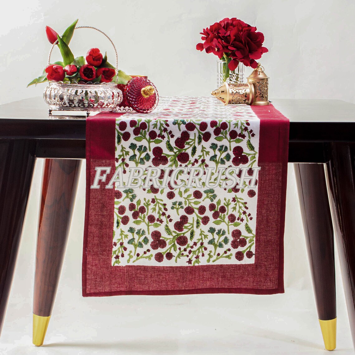 Fabricrush Garnet Red, Emerald and Olive Green Indian Hand Block Cherry Printed Cotton Cloth Table Runner Wedding Events Home Decor Party Birthday Gift