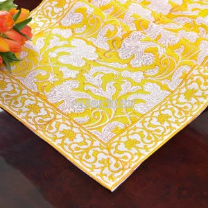 Fabricrush Saffron Yellow and Off White Indian Floral Printed Cotton Cloth Table Runners Border Design, Wedding Events Home Decor Party Console Office