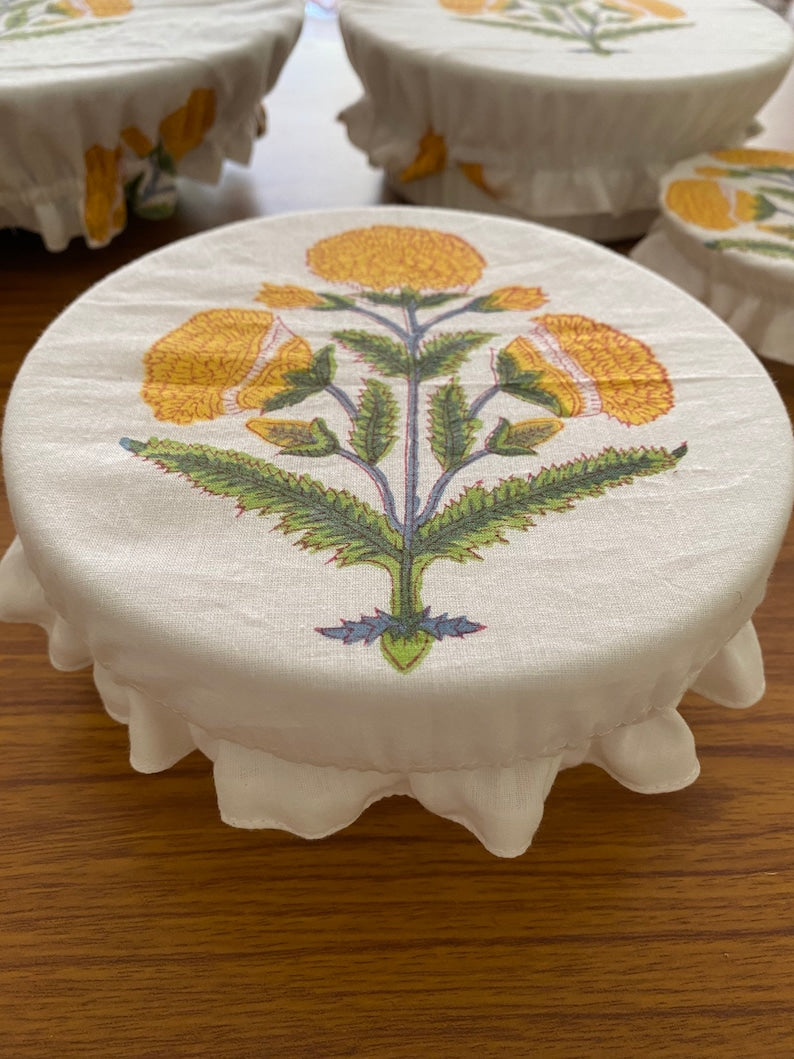 Fabricrush Marigold and Canary Yellow Cotton Handmade Floral Printed Cloth Bowl Cover, Kitchen Storage Covers, Fruit Bowl Cover