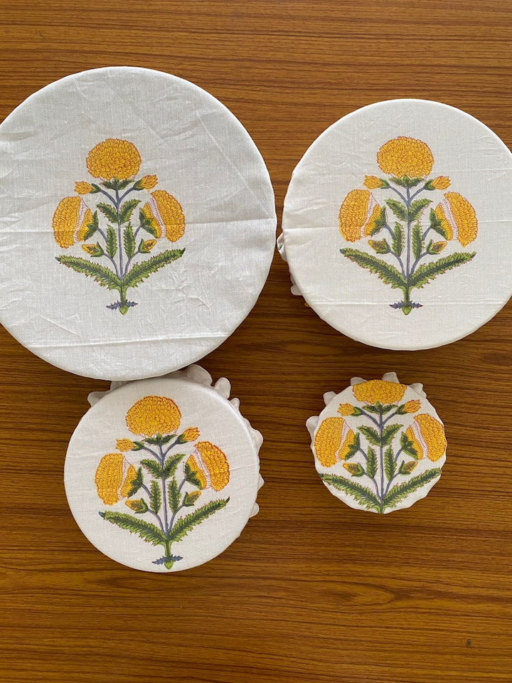 Marigold and Canary Yellow Cotton Handmade Floral Printed Cloth Bowl Cover, Kitchen Storage Covers