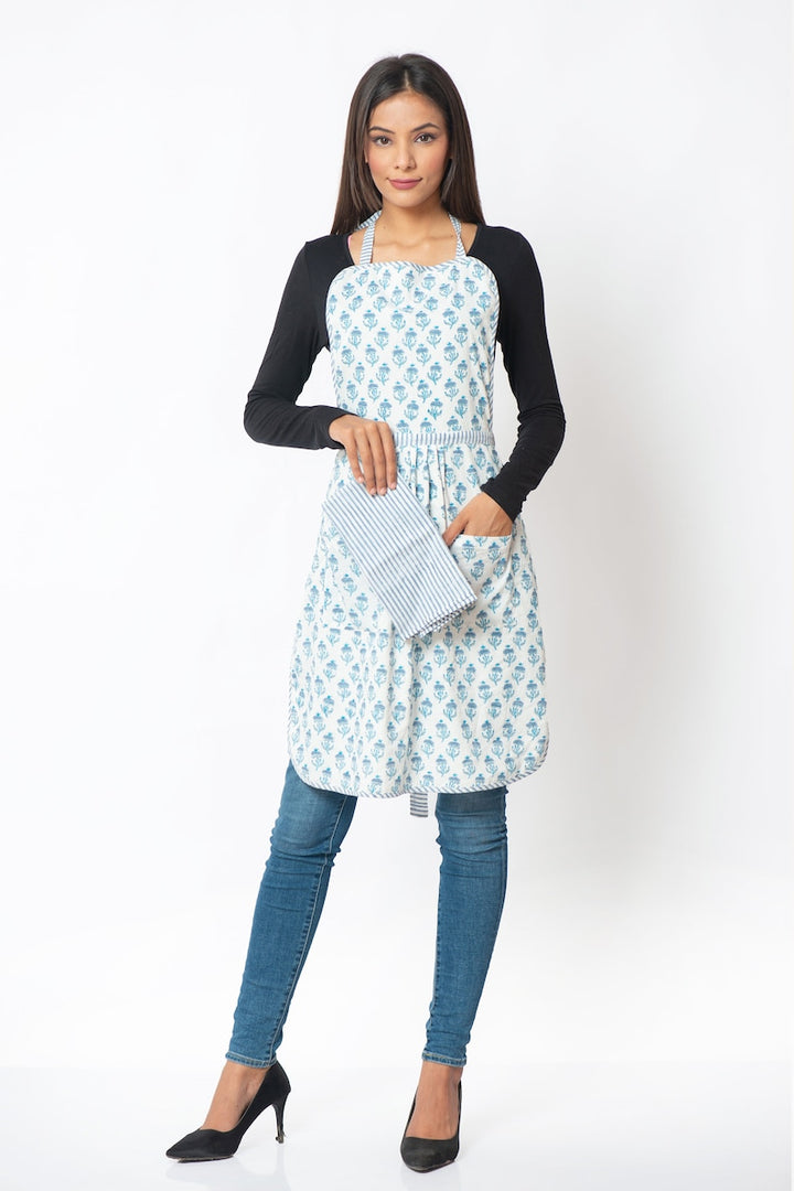 Fabricrush India Block print Women’s, Kitchen Apron, Chef Apron, Apron for women with Pocket, Floral Women's Apron, Summer Flower Apron