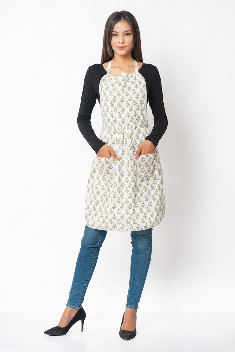 Pale Goldenrod Yellow Indian Block Print Women’s Kitchen Apron