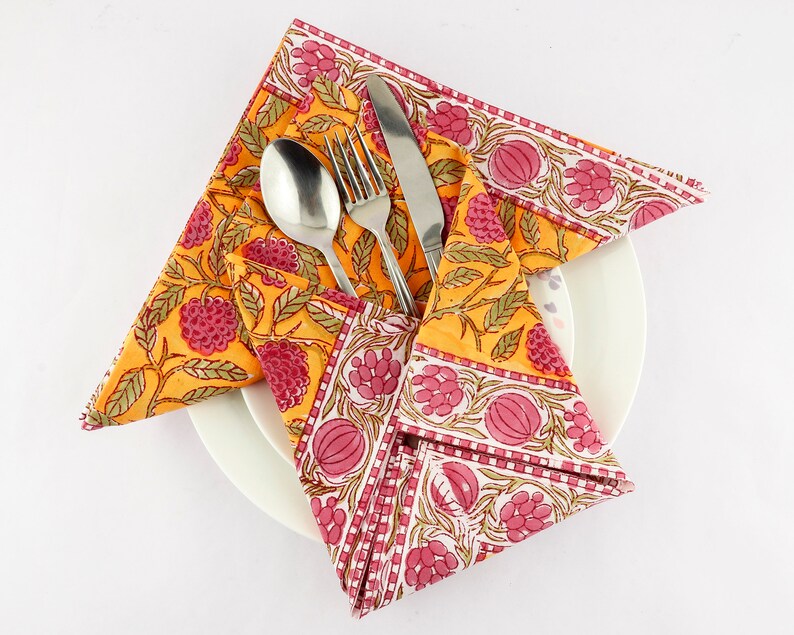 Gold Yellow and Mulberry Pink Indian Hand Block Floral Printed Size 20x20