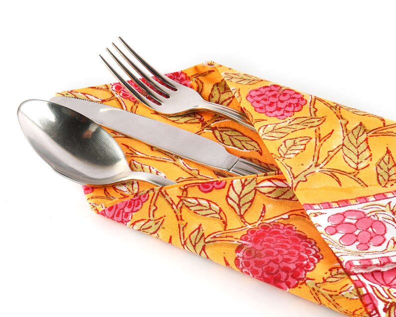 Gold Yellow and Mulberry Pink Indian Hand Block Flora and Fauna Printed Cotton Cloth Napkins Size 20x20" Set of 4,6,12,24,48 Wedding Gifts