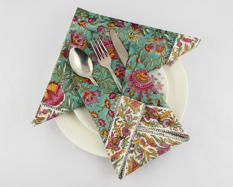 Turkish Blue, Fern Green Indian Hand Block Floral Printed Size 20x20