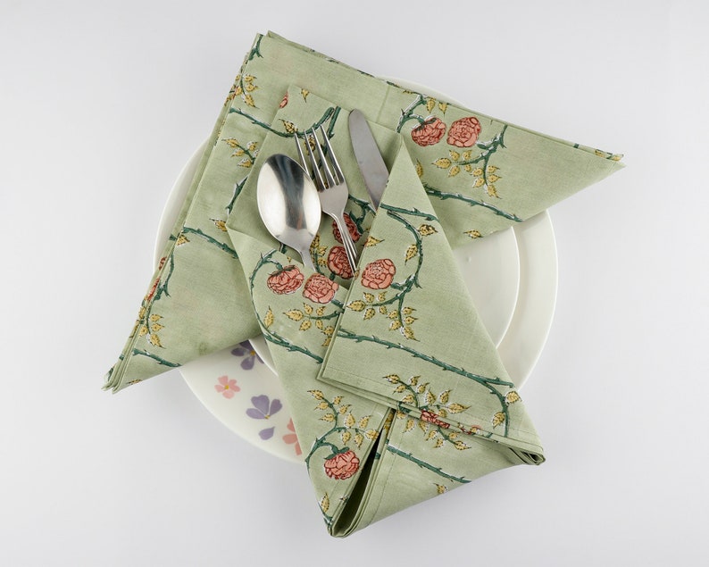 Swamp Green, Brownish Pink Indian Hand Block Floral Printed 100% Pure Cotton Cloth Napkins, 9x9"- Cocktail Napkins, 20x20"- Dinner Napkins