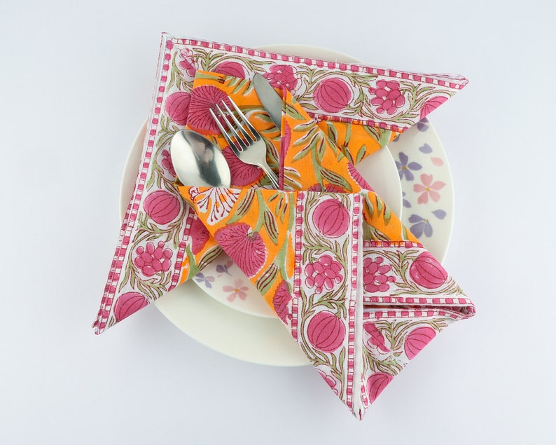 Tangerine Orange, Bubblegum Pink Indian Hand Block Floral Printed Cotton Cloth Napkins