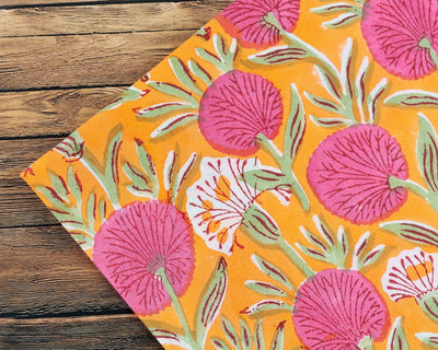 Fabricrush Tangerine Orange, Bubblegum Pink Indian Hand Block Floral Printed Cotton Cloth Napkins Dinner Size Set of 4,6,12,24,48 Wedding Event Home