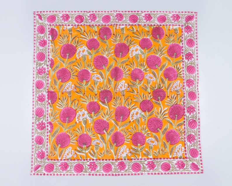Tangerine Orange, Bubblegum Pink Indian Hand Block Floral Printed Cotton Cloth Napkins Dinner Size Set of 4,6,12,24,48 Wedding Event Home