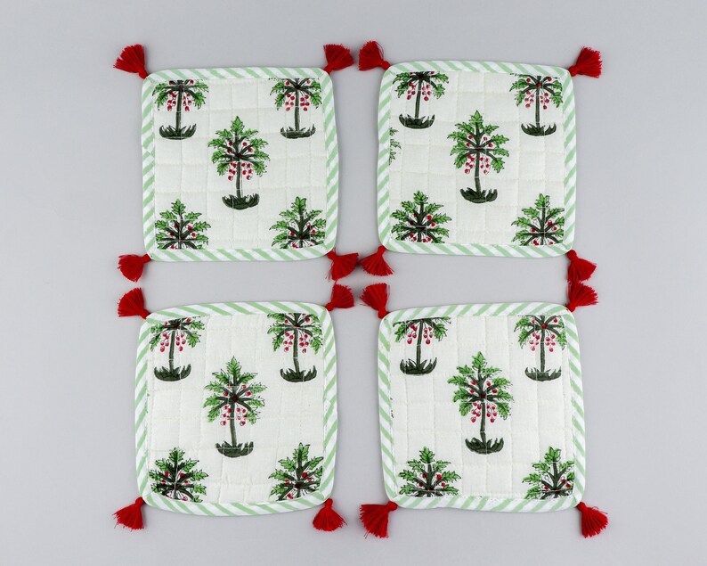 Fabricrush White and Green Palm Print Tasseled Coasters 100% Cotton Indian Hand Block Printed Fabric Coasters 5*5 Inch for Coffee Mug