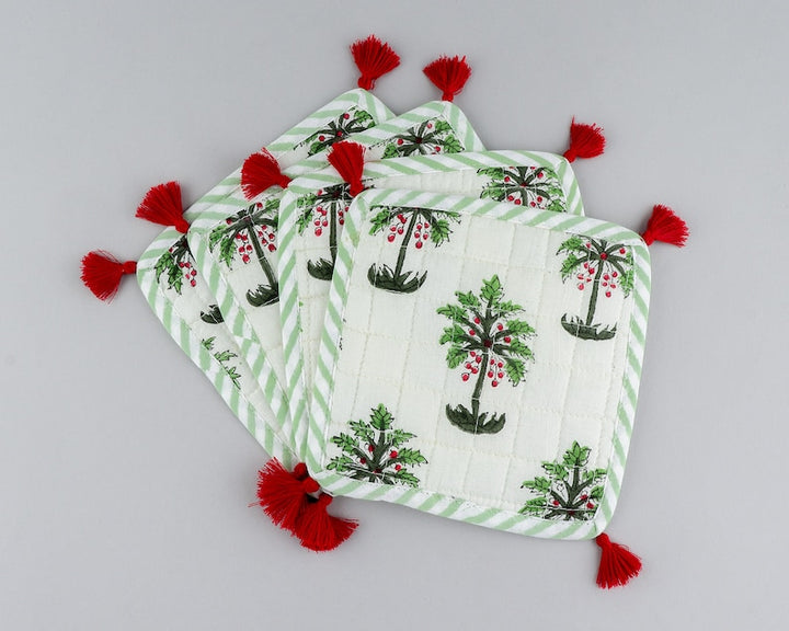 Fabricrush White and Green Palm Print Tasseled Coasters 100% Cotton Indian Hand Block Printed Fabric Coasters 5*5 Inch for Coffee Mug