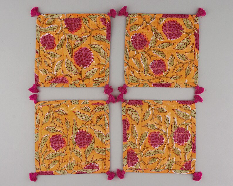 Fabricrush Yellow and Pink Tasseled Coasters 100% Cotton Fabric Coasters 5*5 Inch for Coffee Mug, Indian Hand Block Print, Coffee Table