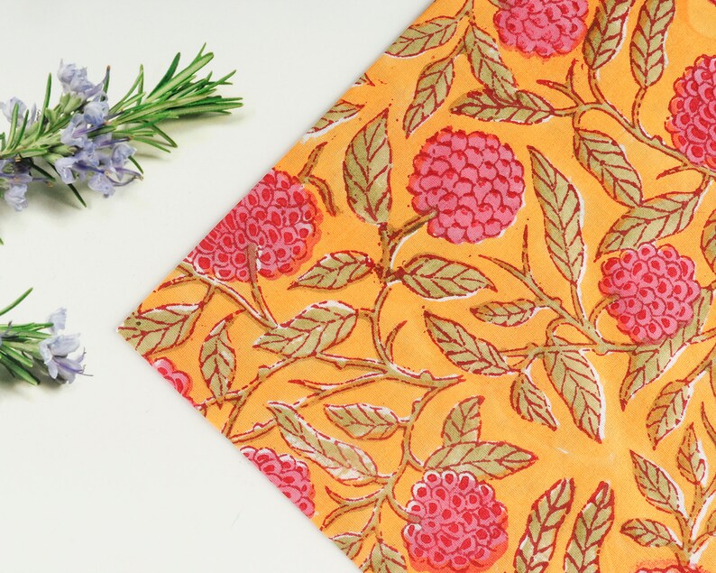 Gold Yellow and Mulberry Pink Indian Hand Block Flora and Fauna Printed Cotton Cloth Napkins Size 20x20" Set of 4,6,12,24,48 Wedding Gifts
