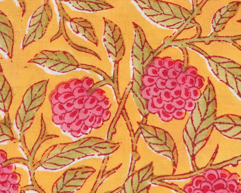 Fabricrush Gold Yellow and Mulberry Pink Indian Hand Block Flora and Fauna Printed Cotton Cloth Border Napkins Size 20x20" Mother's Gifts